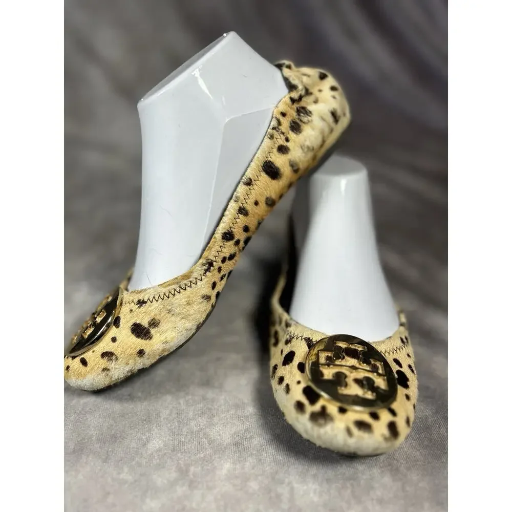 Tory Burch Reva Leopard Haircalf Ballet Flats Gold Logo Womens 6