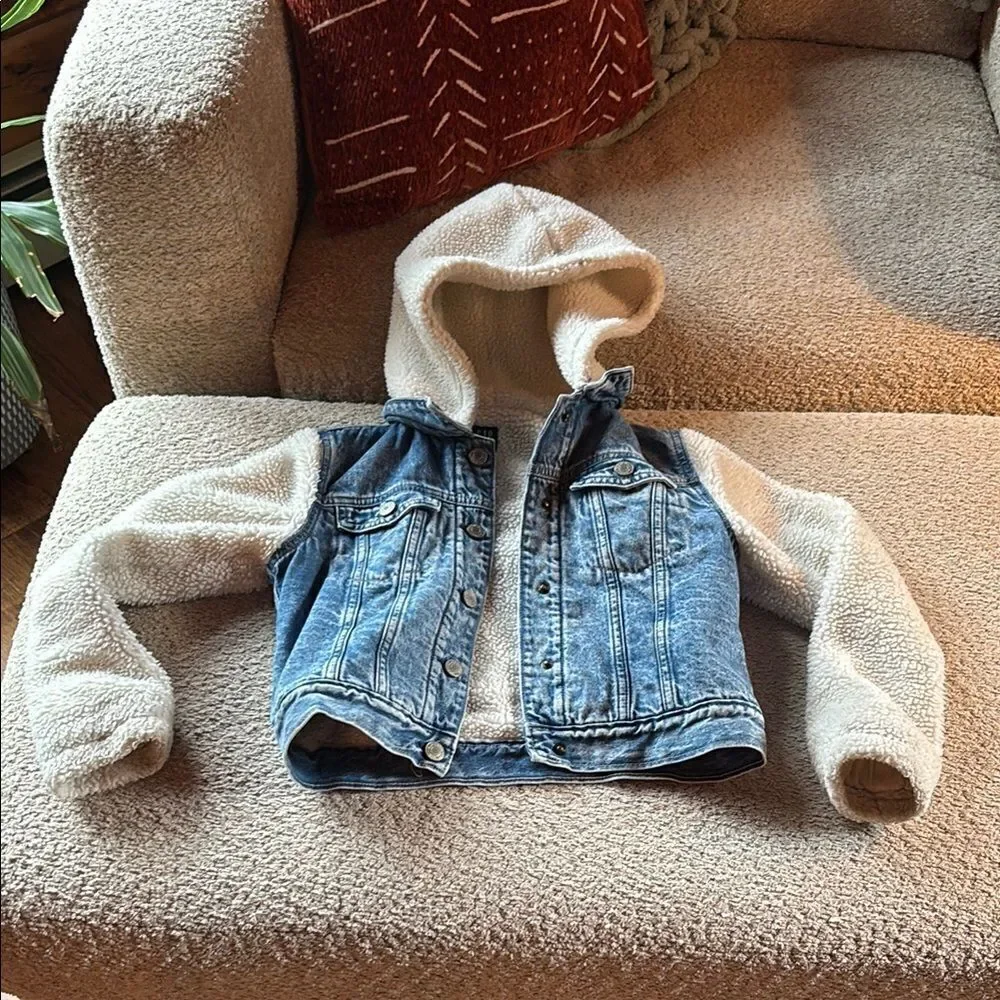 GAP Blue and White Jean Jacket with Cozy Fleece Sleeves
