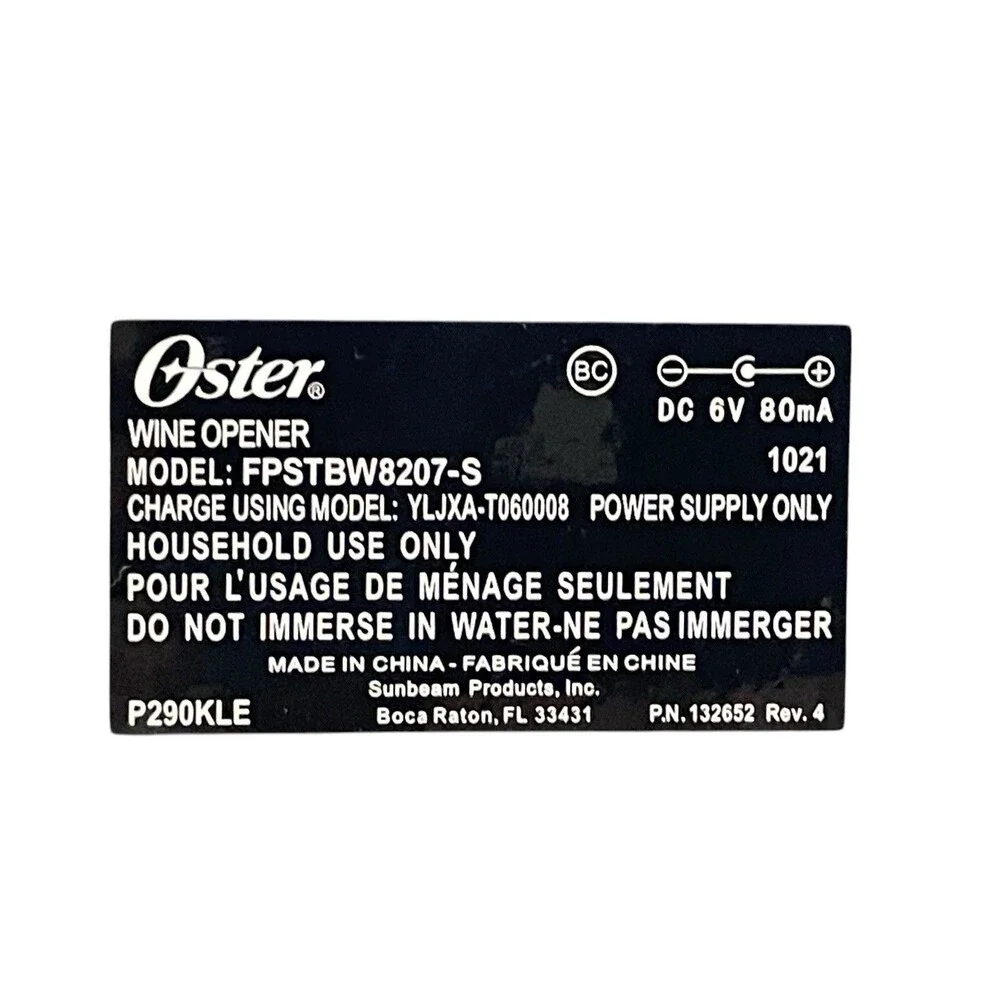 Oster Silver Electric Wine Bottle Opener Stand W/Charger Model# FPSTBW8207-S