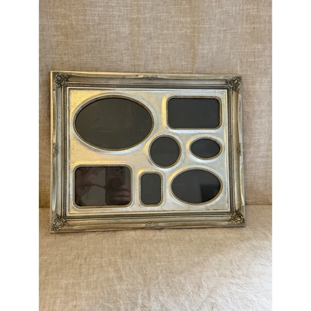 Vintage Silver 7 Opening Collage Picture Frame, Ornate Tabletop Frame