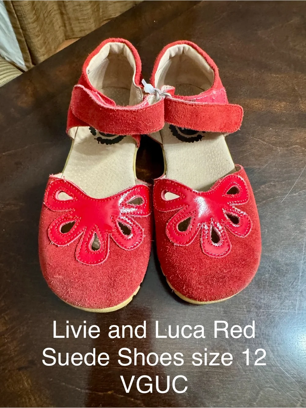 Livie & Luca Red Suede Mary Jane Shoes with Floral Cutouts