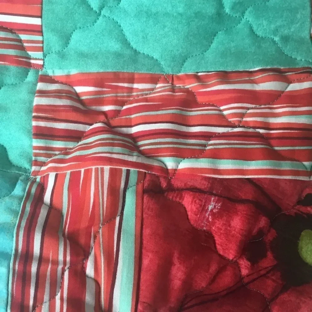Hand Crafted Quilt Turquoise and Red