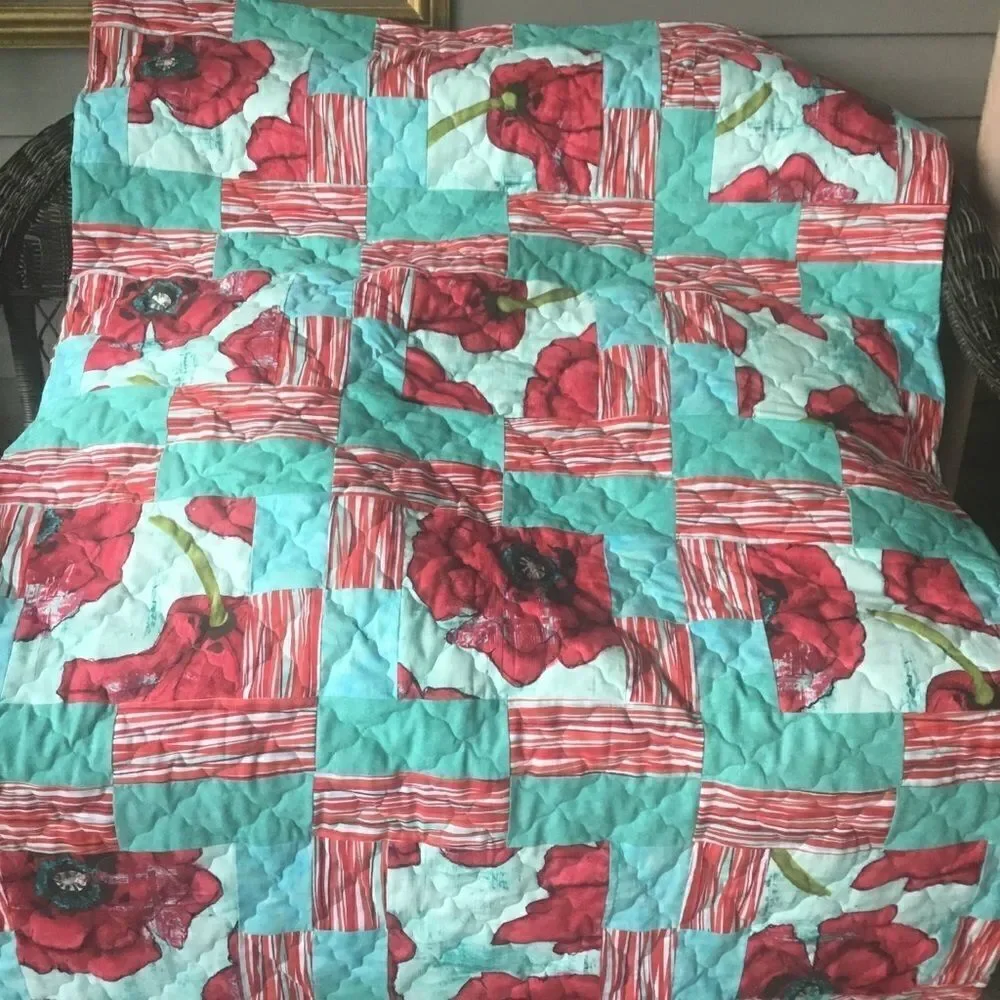 Hand Crafted Quilt Turquoise and Red