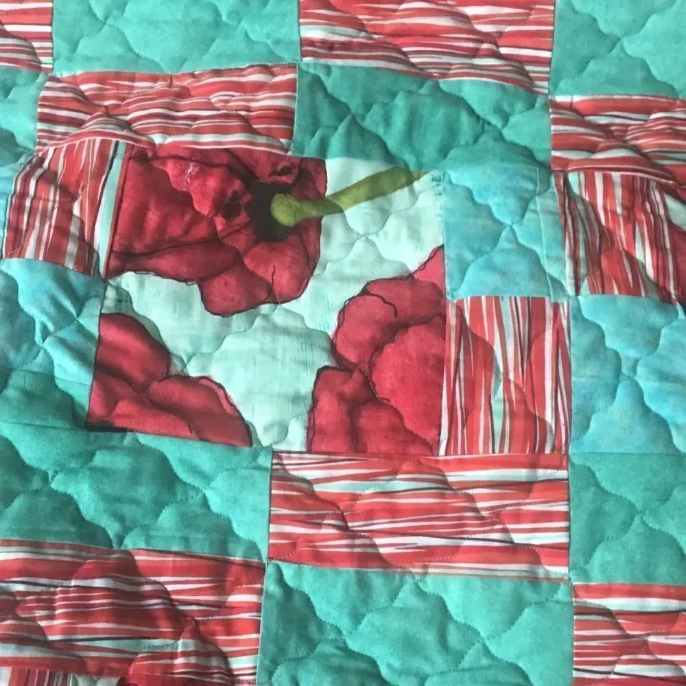 Hand Crafted Quilt Turquoise and Red