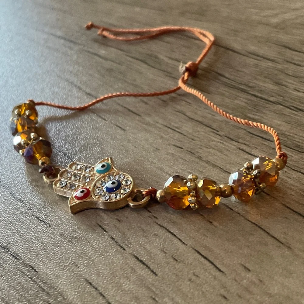 Gold Hamsa Charm Kids Bracelet with Amber Beads