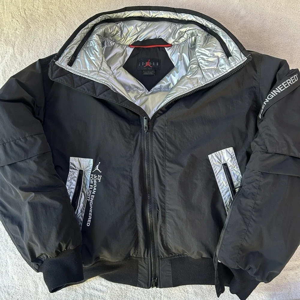Jordan 23 Engineered MA-1 Black‎ Silver Puffer Jacket Mens Down Fill Size L MINT