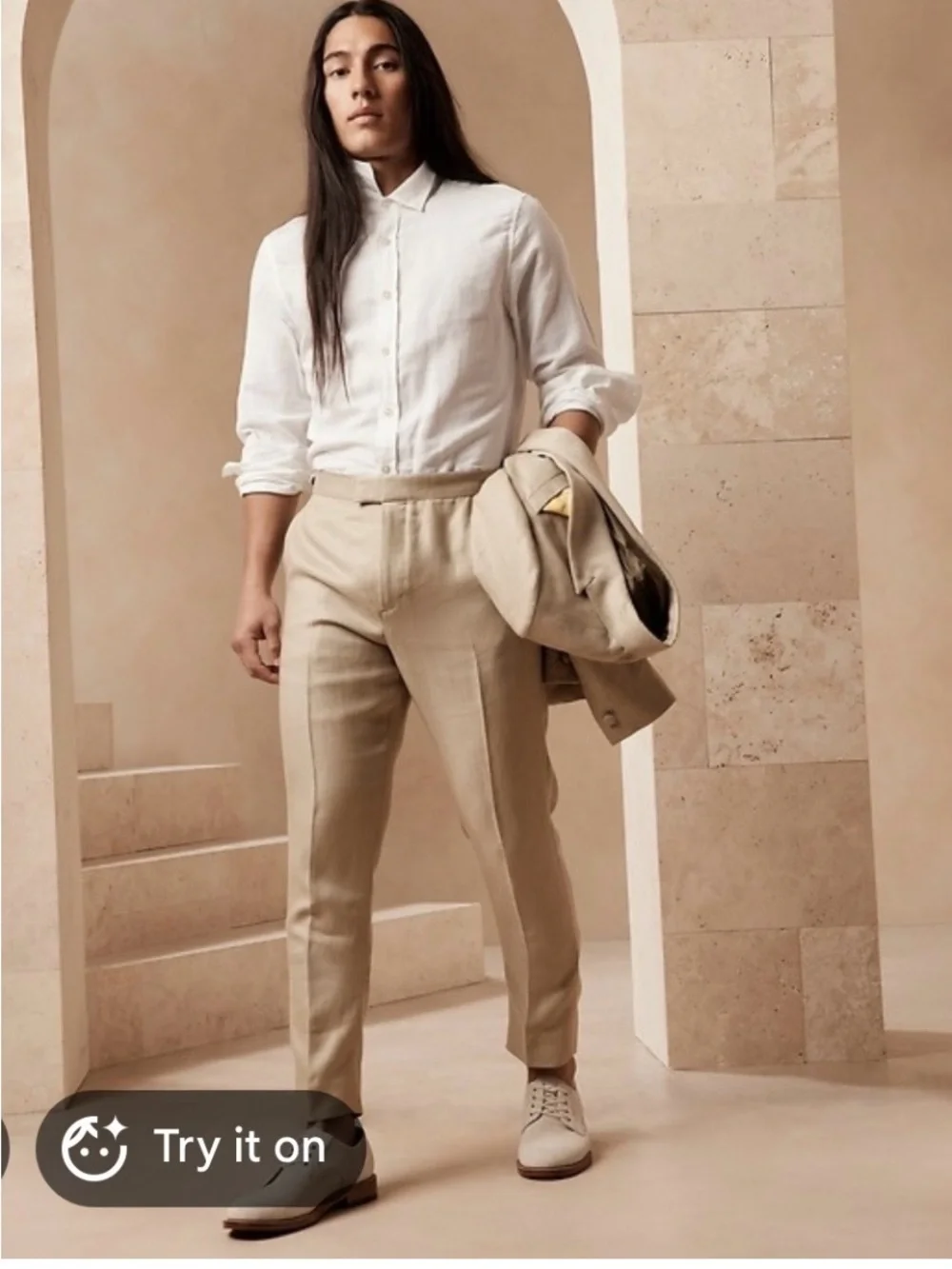 Banana Republic Irish Linen Tapered Tuxedo Pants in Light Beige