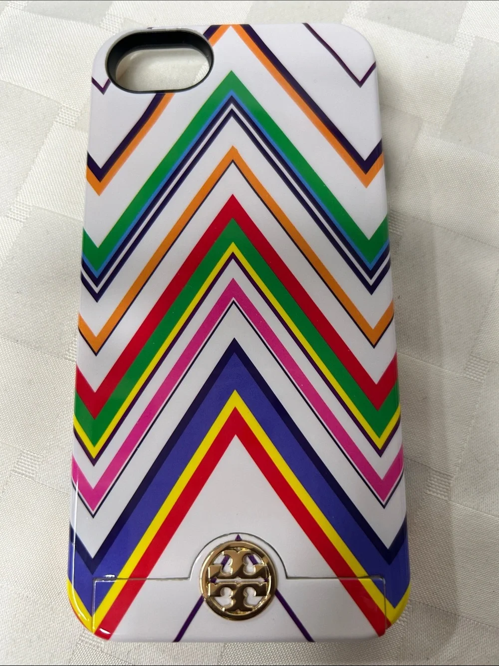 Tory Burch White Chevron Stripe iPhone Case with Multicolor Accents