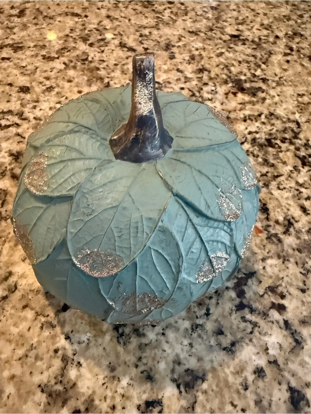 Decorative Blue Pumpkin with Silver Leaf Accents Fall Decor