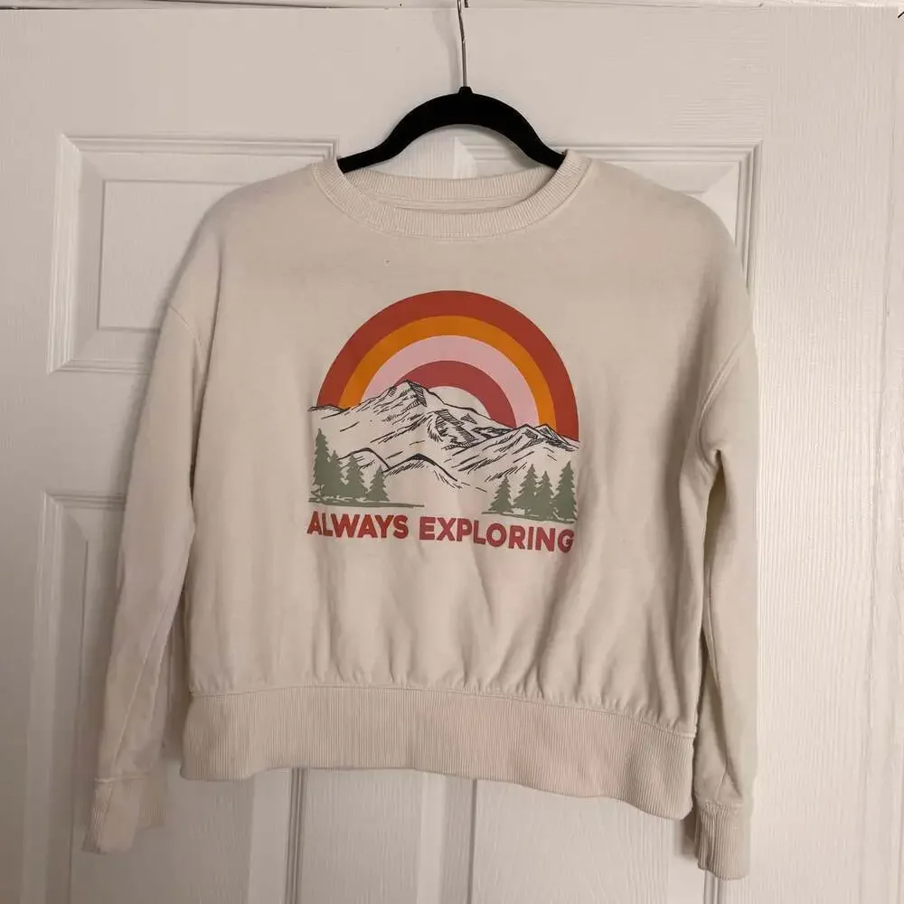 Wonder Nation Girls' Cream Graphic Sweatshirt with Rainbow and Mountain Design