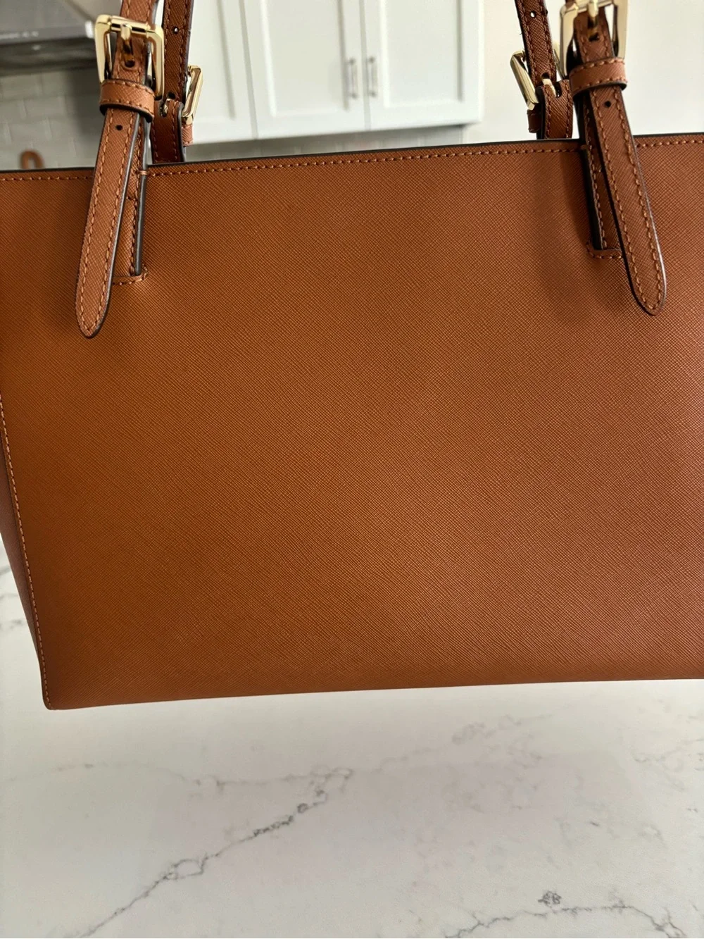 Tory Burch Saffiano Leather Tote in Cognac with Gold Logo