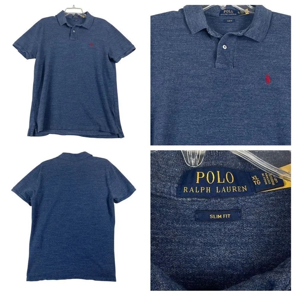 Men's Polo Ralph Lauren‎ 100% Cotton Blue Heather Polo Slim Fit XL 0302