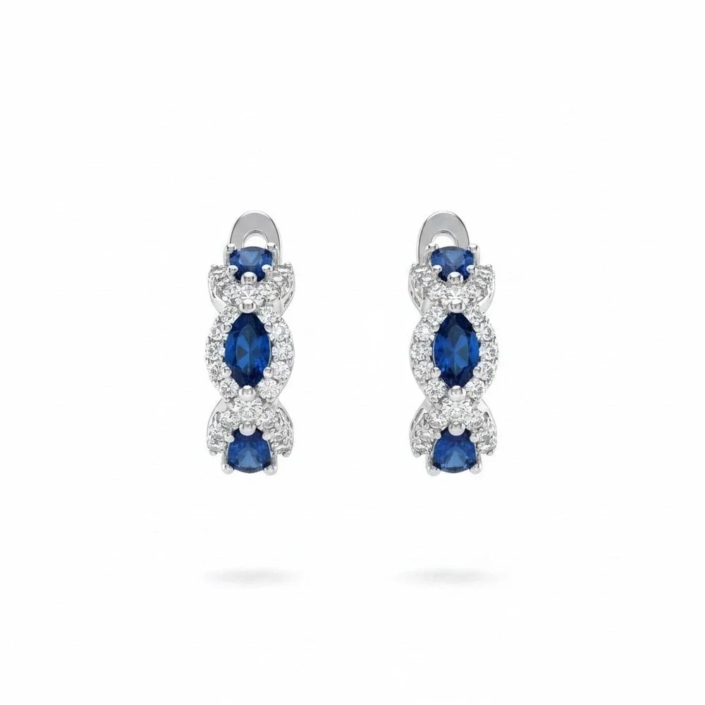 Blue Sapphire Crystal Huggie Hoop‎ Earrings Silver Tone Lever Back Infinity Halo