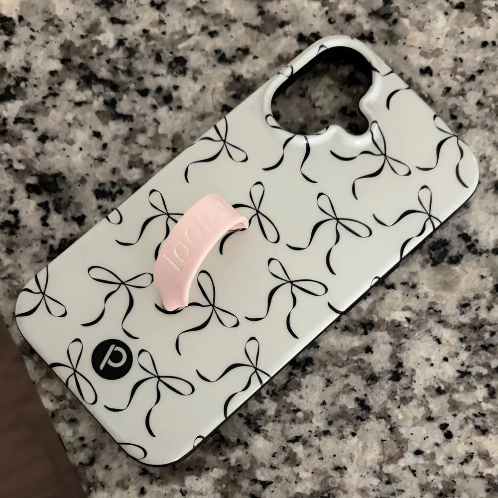 Loopy Case White Phone Case with Black Bow Pattern and Pink Grip