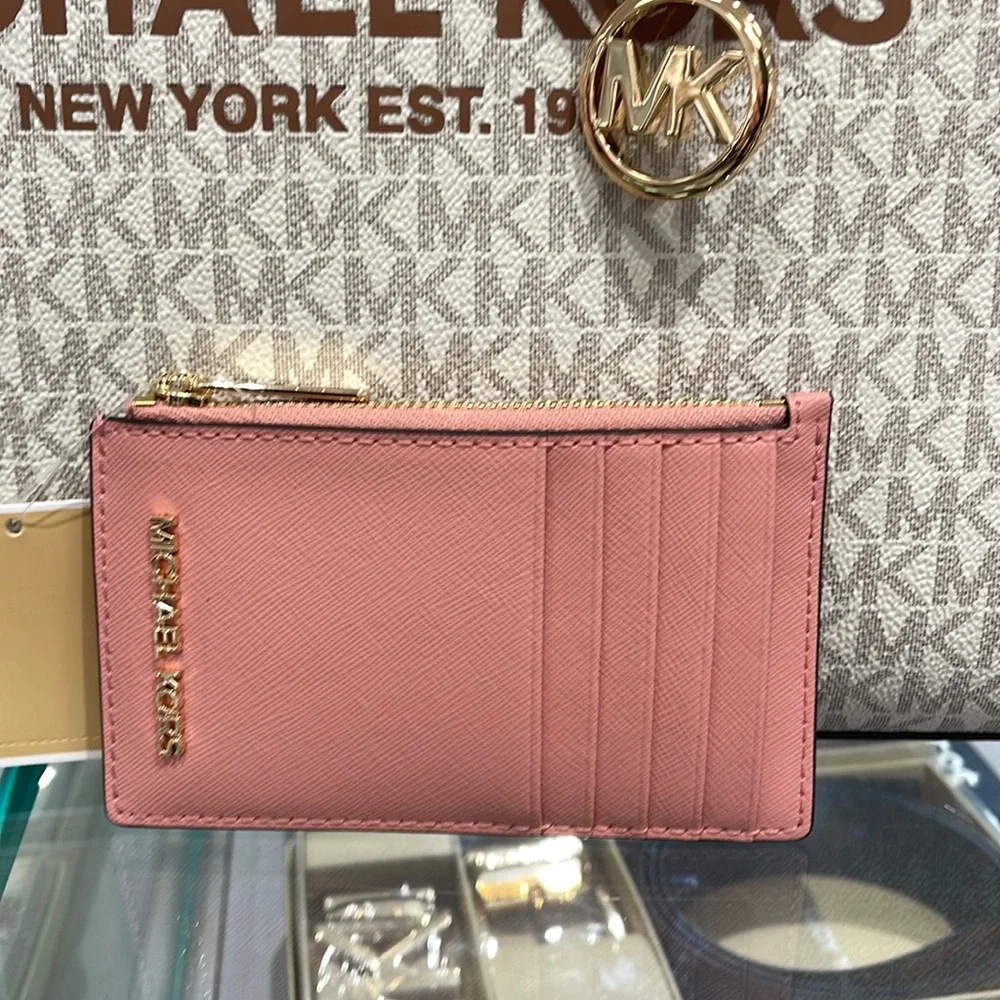MICHAEL KORS Jet Set Travel Medium Top Zip Leather Card Case Wallet Primrose NWT