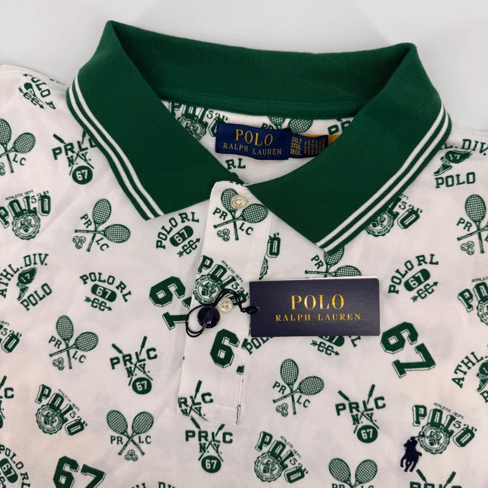 Polo Ralph Lauren Polo Shirt Mens 3XLT White Green Tennis Graphic Print New