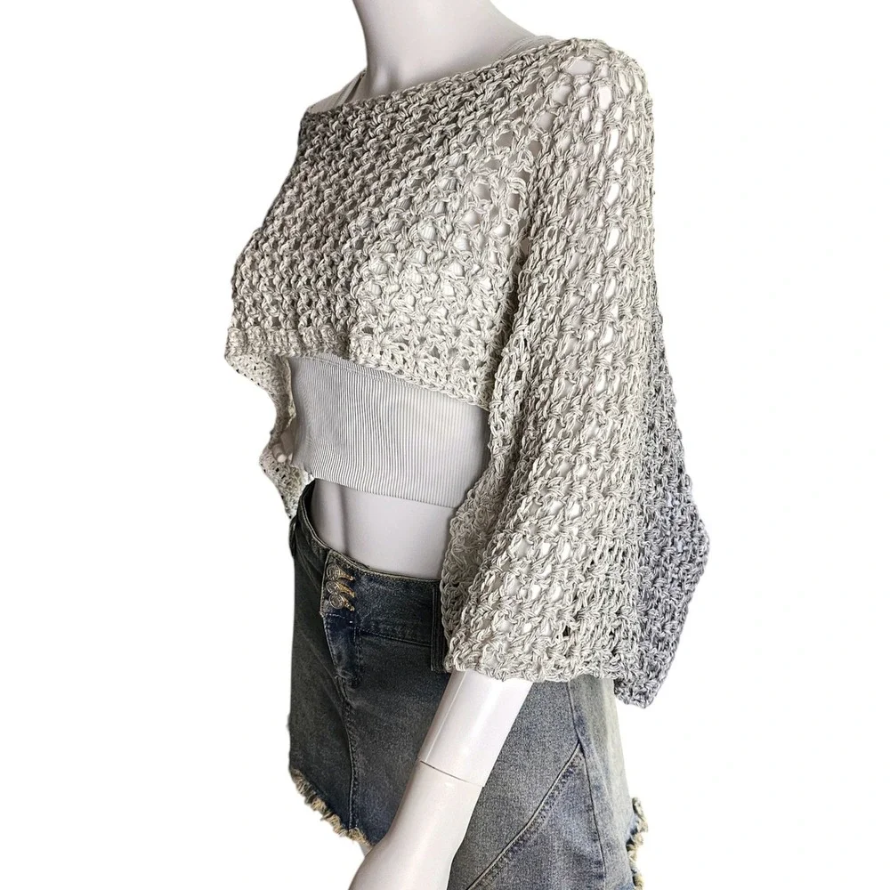 Handmade Crochet Shrug Gray Ombre Open Knit Festival Wrap Shawl