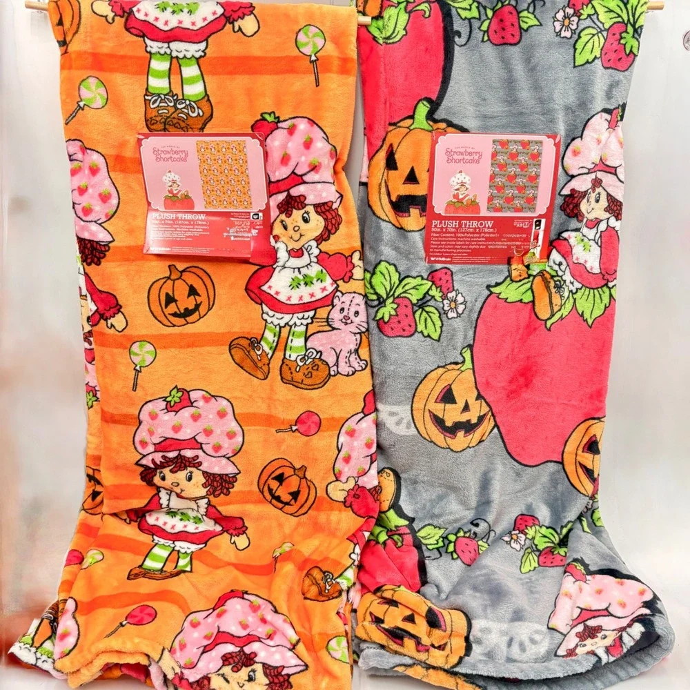 Strawberry Shortcake Halloween Plush Throw Blankets Set of 2 Orange Grey Pumpkin