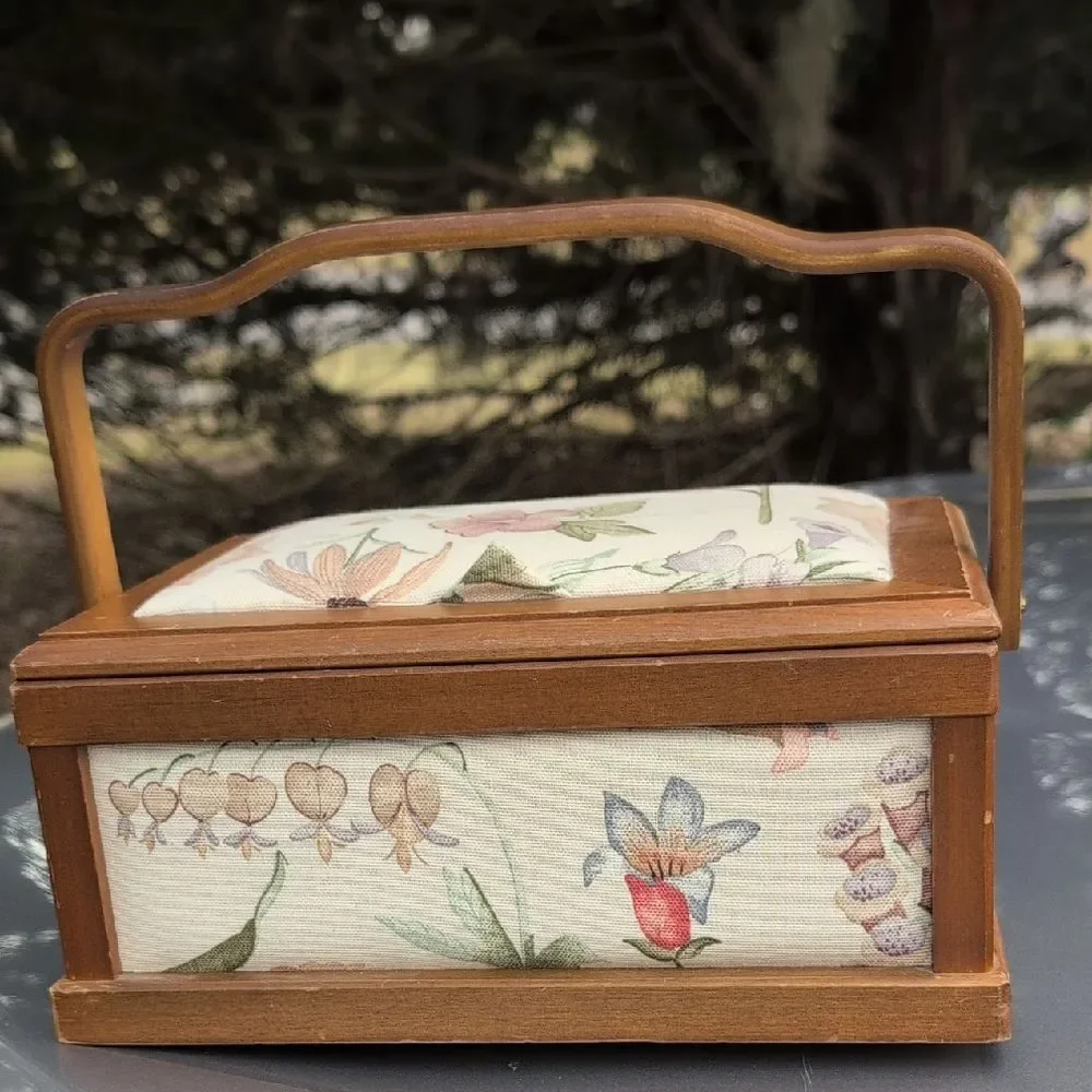 Vintage Wood Sewing Box with Handle Floral Cottagecore Fabric Grandmacore