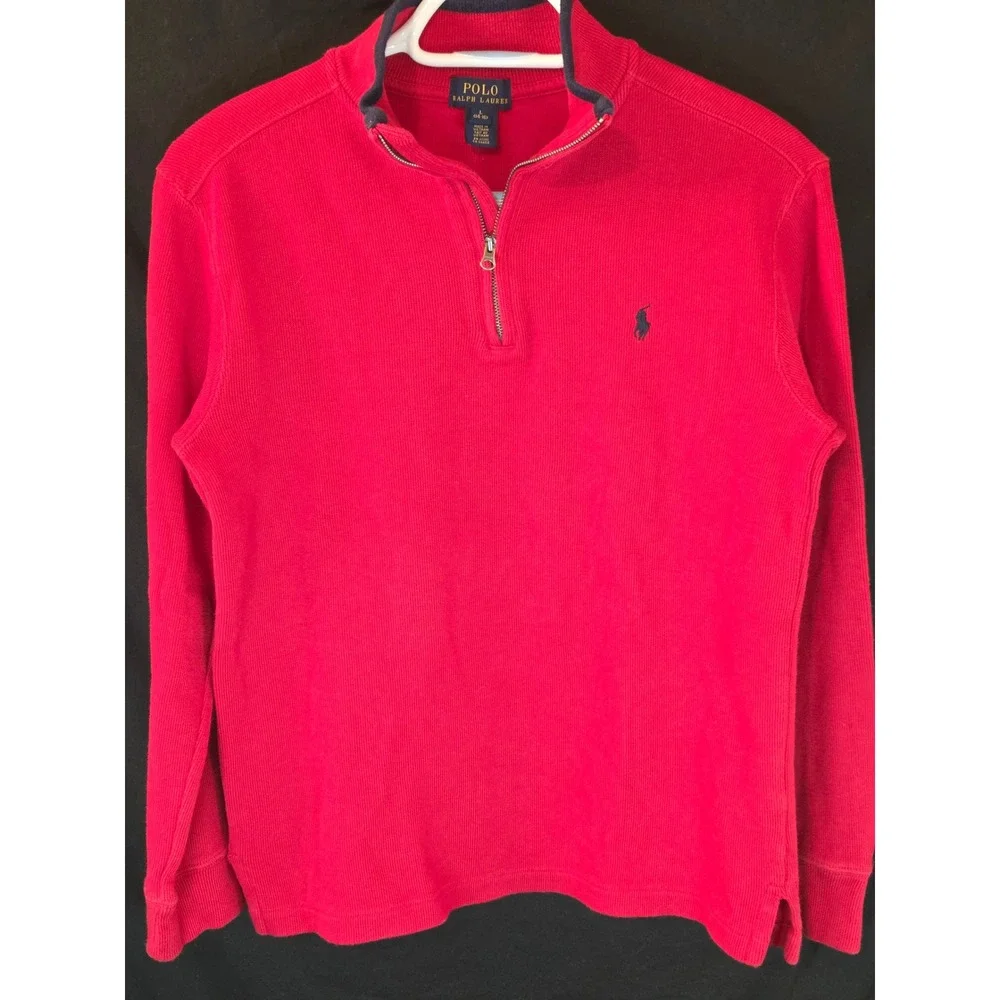 Polo Ralph Lauren Red Waffle Knit Quarter‎ Zip Pullover Sweater Size L 14 16