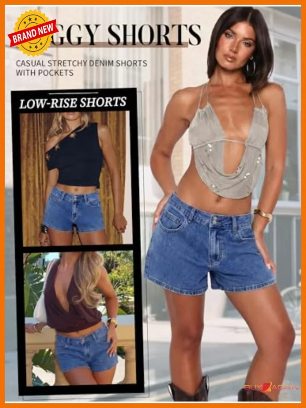 Womens Baggy Denim Shorts Stretchy A-Line Wide Leg with Pockets
