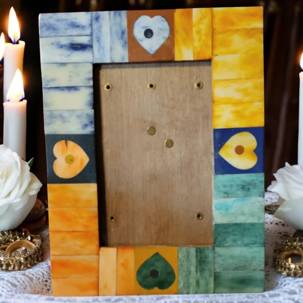 Vtg Wooden Resin Heart Art Picture Frame Easel Hanger 6x4 Brass Hardware