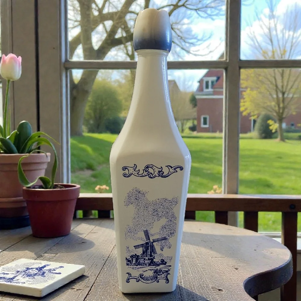 Vtg 60's Vandermint Milk Glass Liquor Bottle Delft Blue Windmills 11