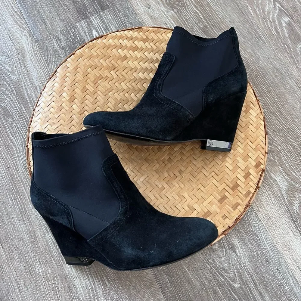 Tory Burch Brenda black leather suede wedge‎ ankle boots women’s size 9.5