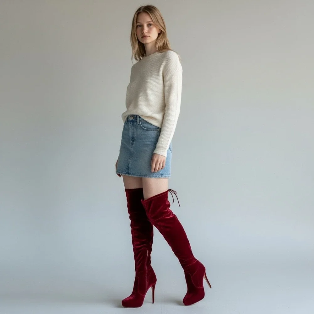 Bebe Giaa Velvet Burgundy Over The Knee Stiletto Heel Boots ‎ Size 8 Glam NWB