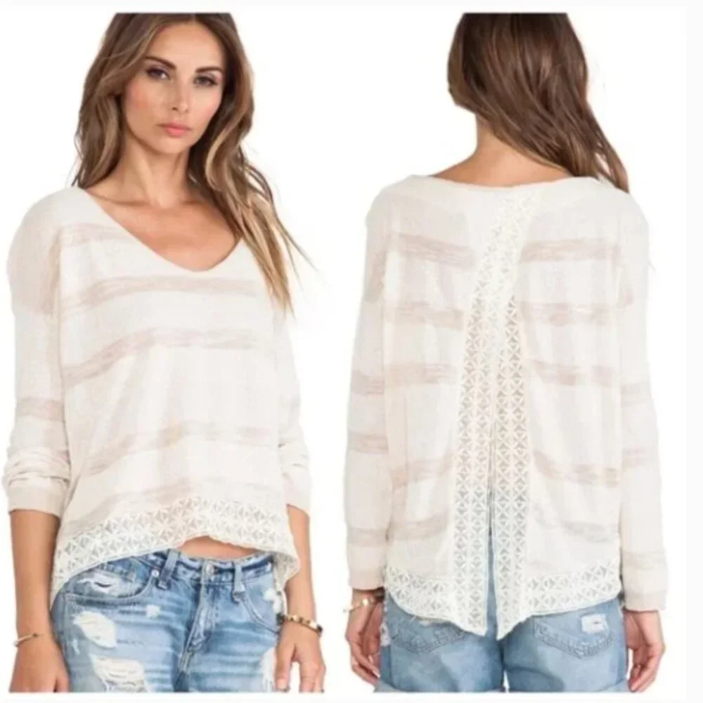 Free People 'Pebble Dash' Long Sleeve Sheer Open Back Lace Trim BOHO Cottagecore