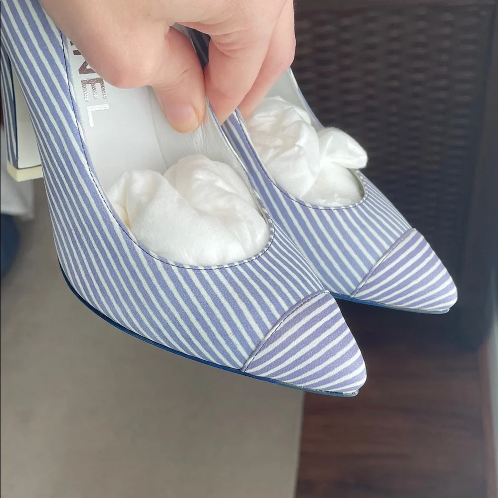 New CHANEL Blue and White Striped Heels pumps leather