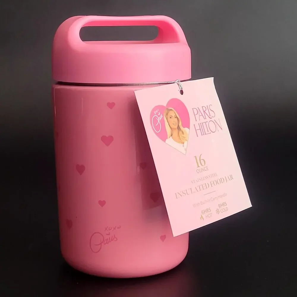 Paris Hilton 16 oz Pink Insulated Food Jar Shimmer Fairy Princess Hearts NEW‎