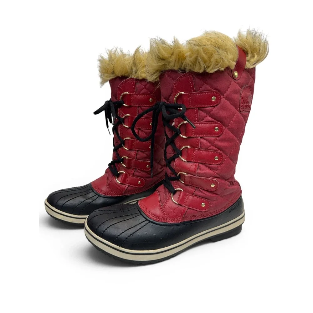 Sorel Tofino Red‎ Quilted Waterproof Winter Boots Mens 10.5 Tall Faux Fur Trim