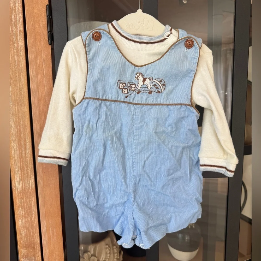 Vintage Rocking horse corduroy overalls sweater baby boy embroidered romper