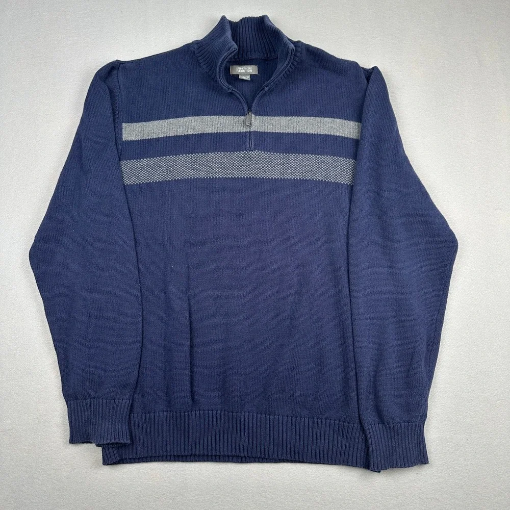 Kenneth Cole Reaction Mens XL Navy Blue Grey Stripe 1/4 Zip Cotton Sweater