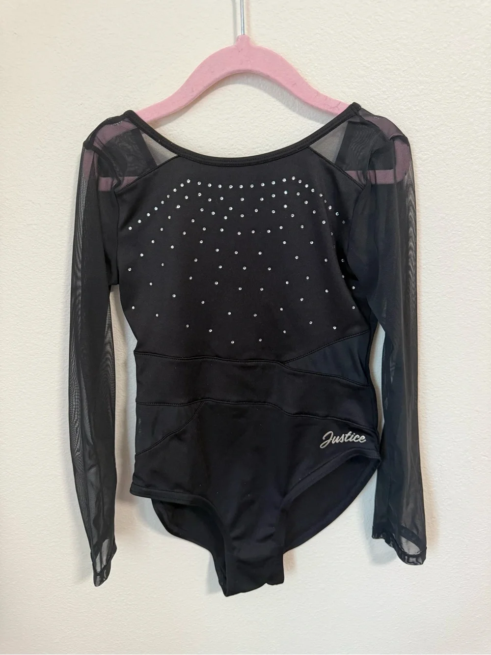 Justice Black Long Sleeve Leotard with Mesh Panels and Rhinestones