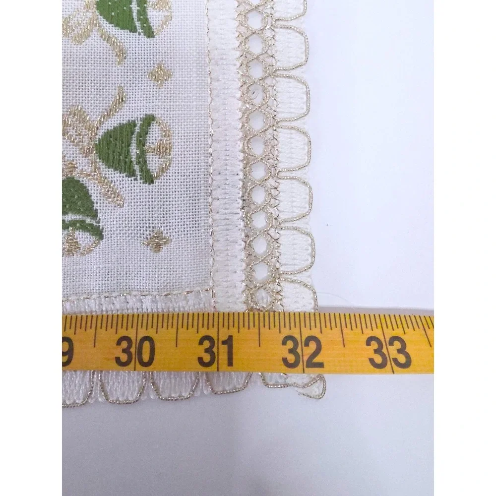 VTG Jolentex West Germany Table Topper Embr. Christmas Green Gold Bells 32X32