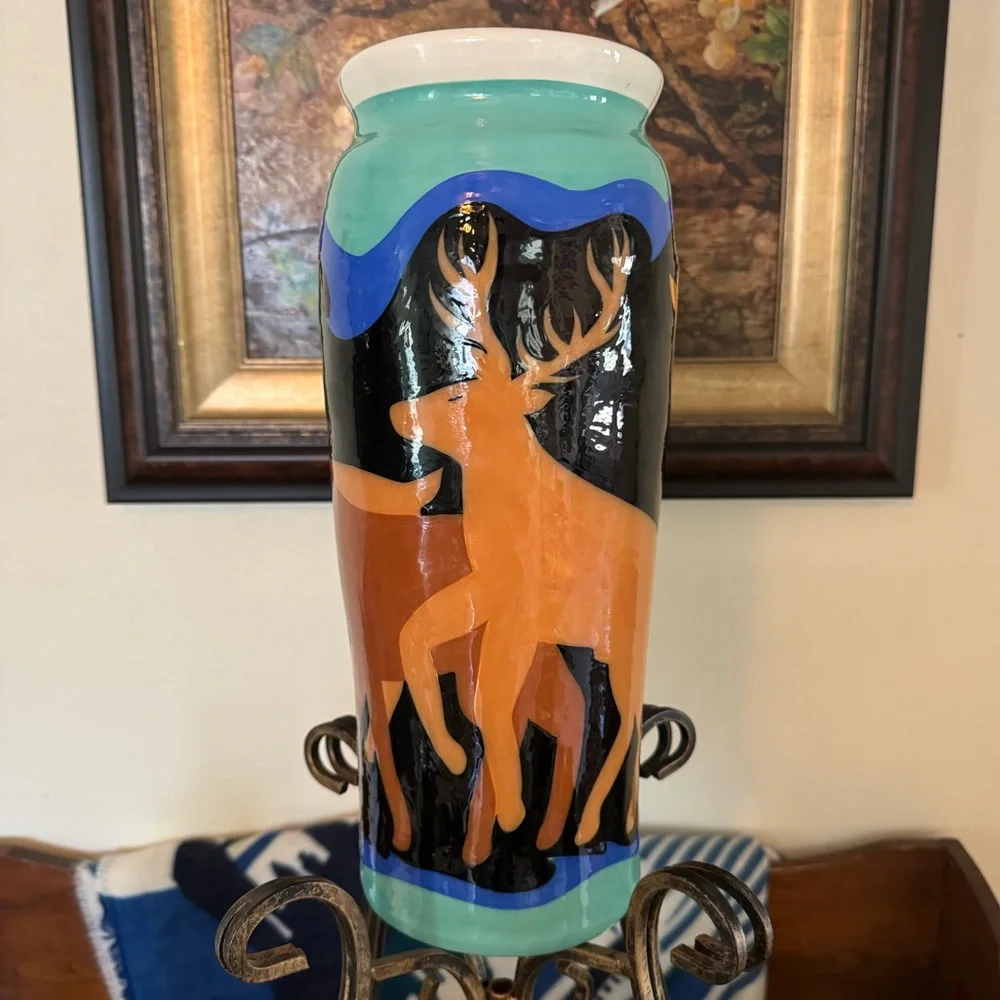 Vintage 15”Tall Signed Celestial Kadisak blue + green Wilderkind glazed vase.