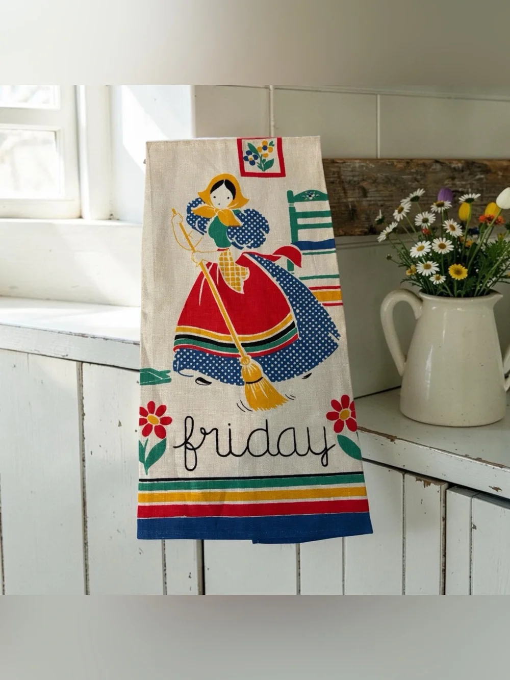 MCM Quality Linens Pure Linen Tea Towel Days Of The Week “Friday” Dutch Girl