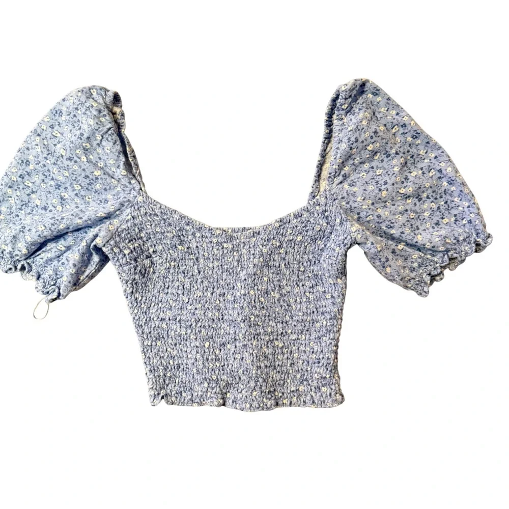 Abercrombie & Fitch Blue Ditsy Floral Print Smocked Puff Sleeve Crop Top XS