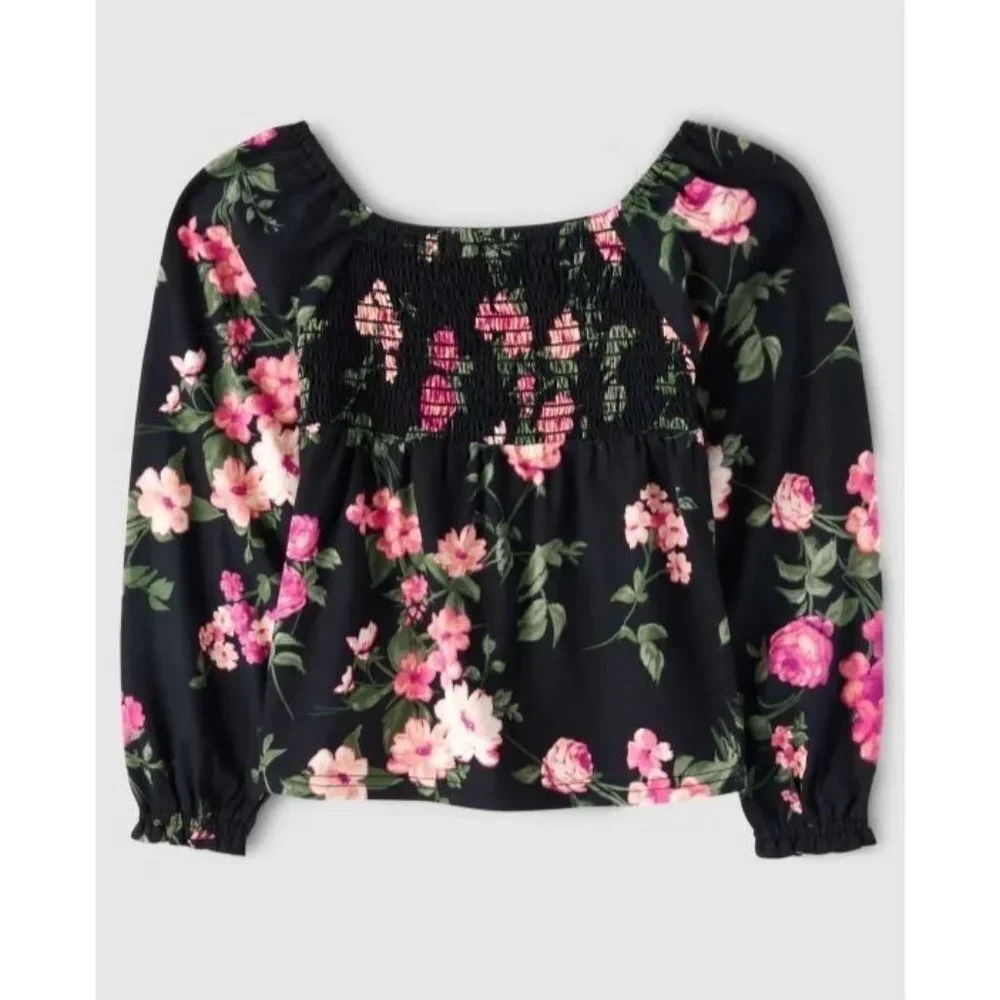 NWT‎ The Children’s Place  Girls Print Smocked Top - Black Size M