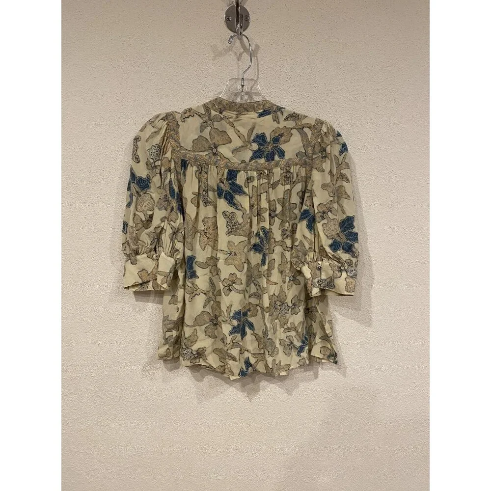 Ulla Johnson Desdra Blouse Womens 2 Cream Silk V-Neck Ruffle Puff Sleeve Floral