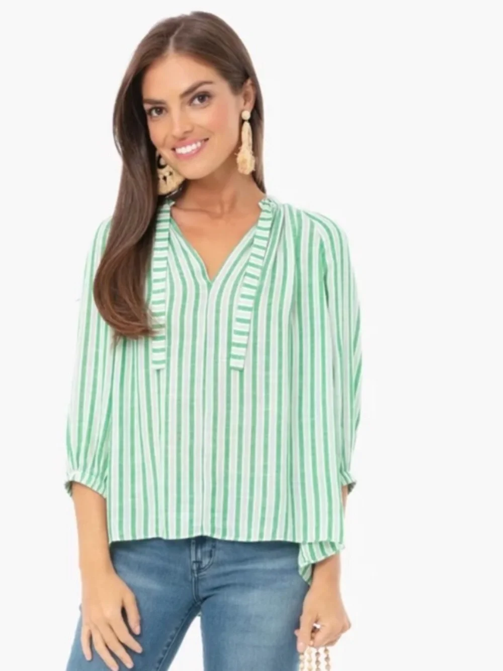Tuckernuck Green and White Striped V-Neck Blouse