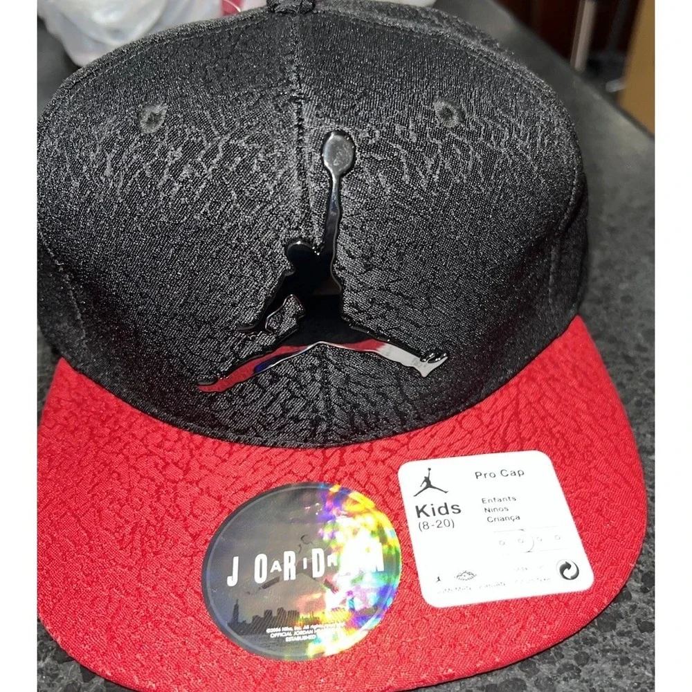 (12)Air JORDAN Metal JUMPMAN Kids 8-20 Black/Red Cap Hat Adjustable Snapback