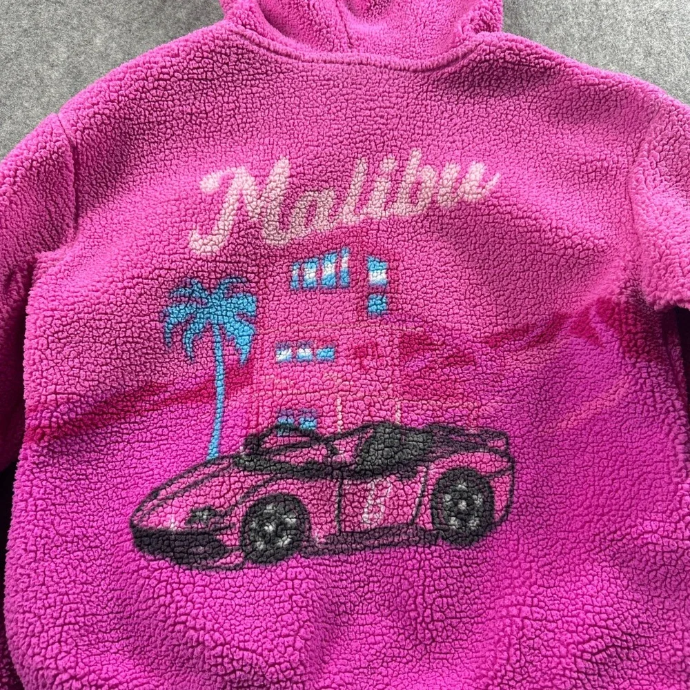Barbie Sherpa Fleece Hoodie Kids Size 10/12 Pink Malibu Graphic Zip Up Jacket