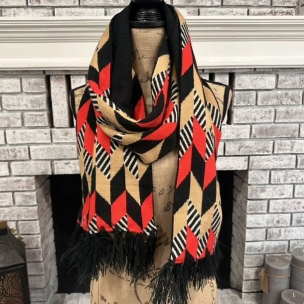 Vera Bradley Red Black Chevron Jacquard Knit Fringe‎ Scarf Winter Black Red Tan