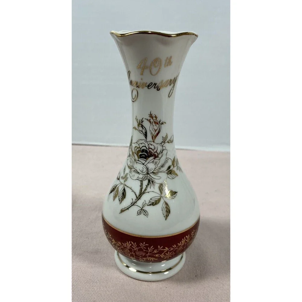 Vintage Norcrest Fine China 40th Anniversary Vase Gold white & Ash Japan 6