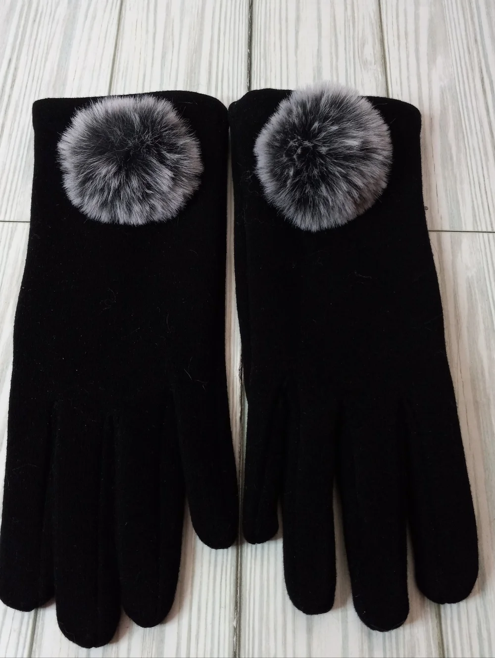 Adrienne Vittadini Touchscreen Black Gloves with Gray Faux Fur Pom Poms