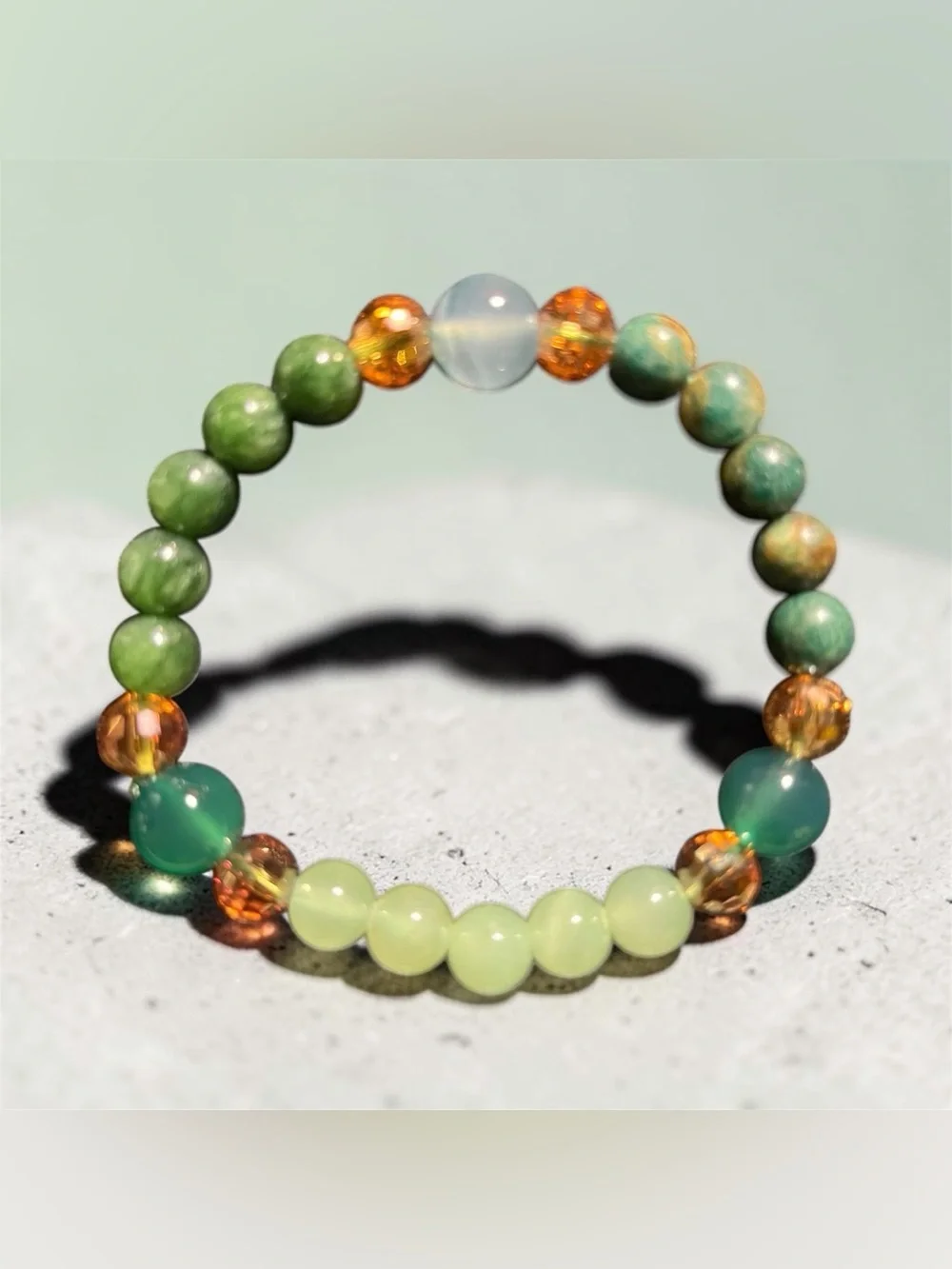 Unisex Handmade Green Stone & Crystal Bracelet