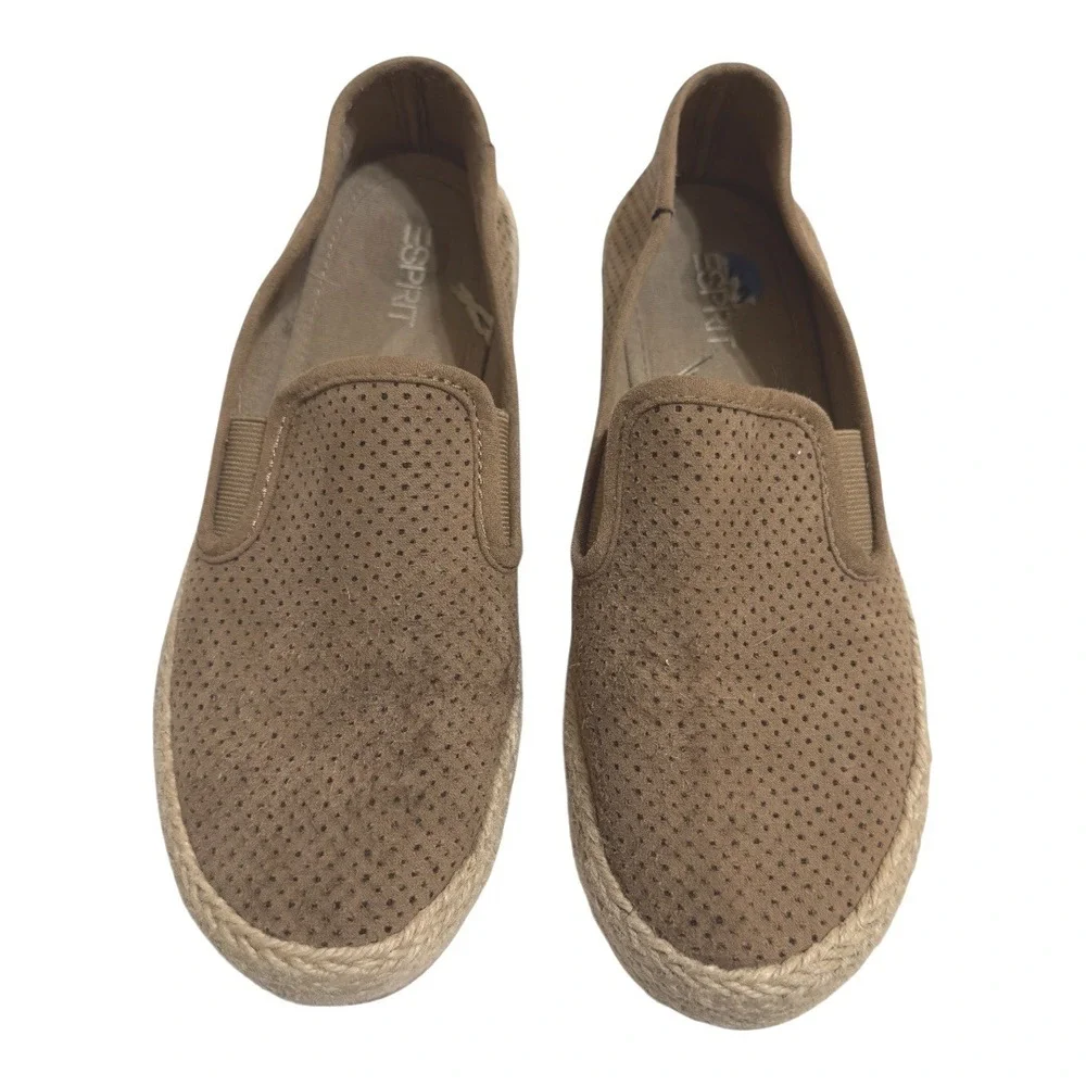 Esprit Espadrille Shoes Faux Suede Perforated Slip On Platform‎ Brown Casual 8.5